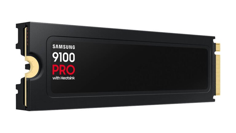 Product image for the Samsung 9100 PRO SSD. The drive sits at a slight angle against a plain background.