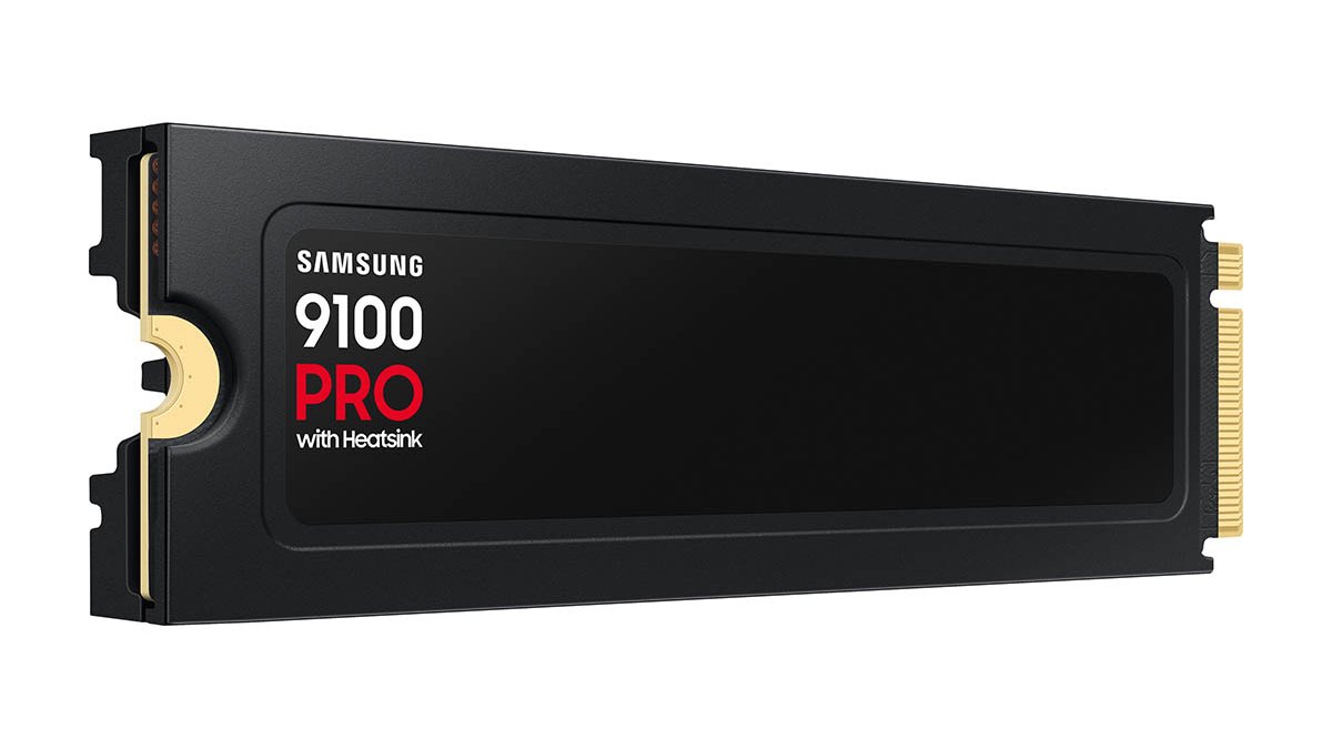 Product image for the Samsung 9100 PRO SSD. The drive sits at a slight angle against a plain background.