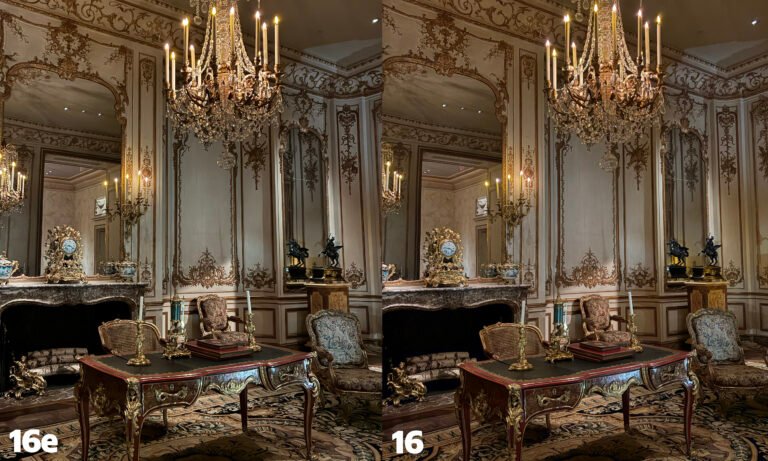 Two pictures side by side, both showing the same scene from a room in a hotel in Paris. The left one is labeled