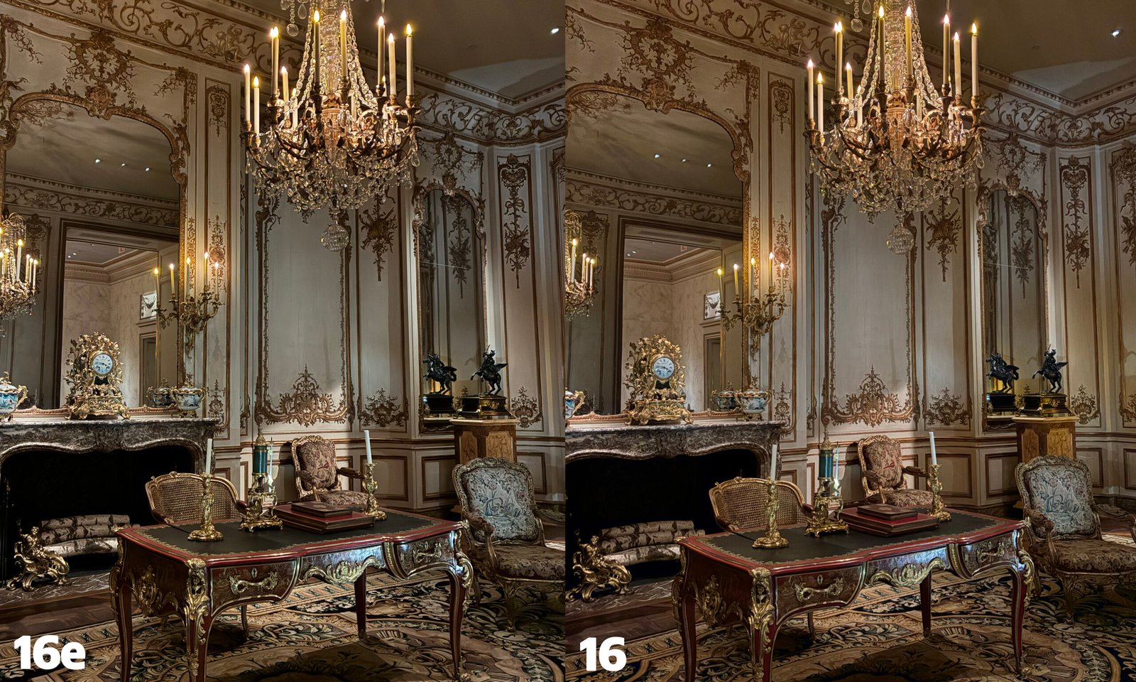 Two pictures side by side, both showing the same scene from a room in a hotel in Paris. The left one is labeled