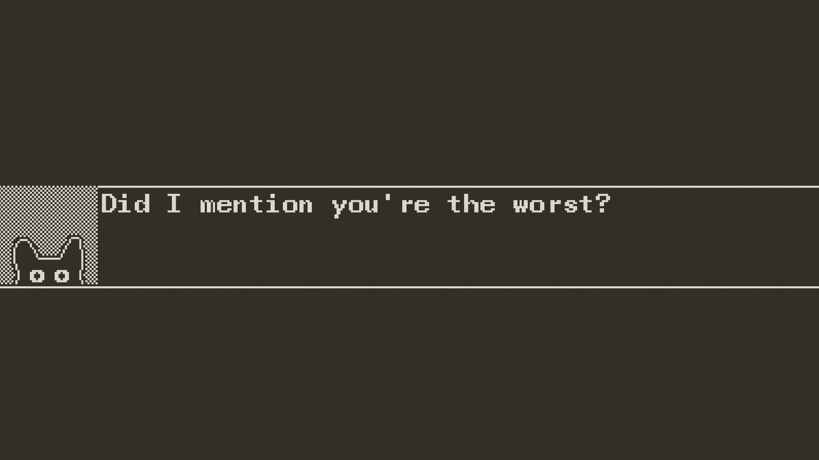 A still from the Playdate game Suborbital Salvage showing a dialogue box with a cat next to it that reads